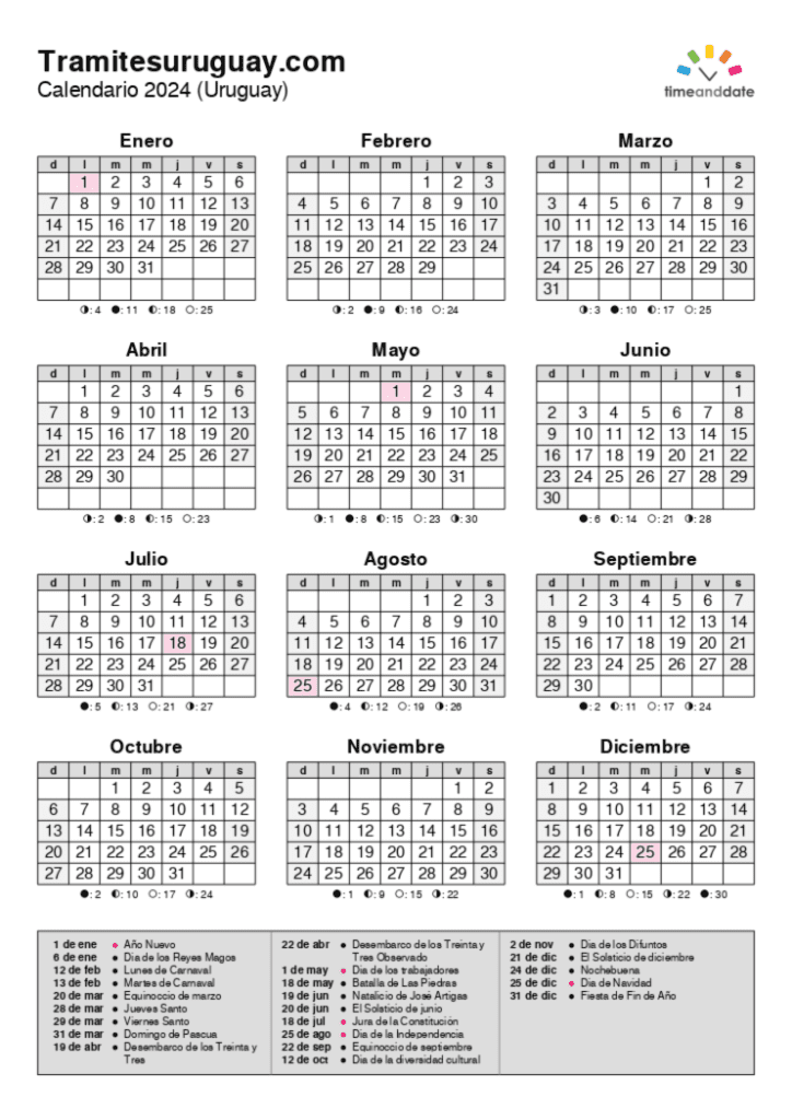 Calendario 2024 Uruguay con feriados【Descarga Gratis PDF】